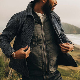 fit model wearing The Decker Jacket in Navy Wool Beach Cloth, opening jacket