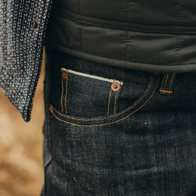 fit model wearing The Democratic Jean in Nihon Menpu Selvage, up close shot of pocket