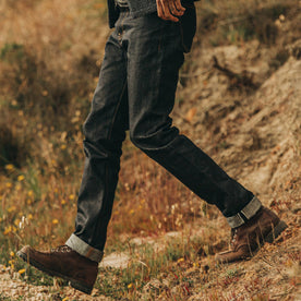 fit model wearing The Democratic Jean in Nihon Menpu Selvage, walking left