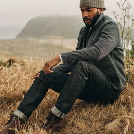 fit model wearing The Democratic Jean in Nihon Menpu Selvage, sitting
