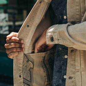 fit model wearing The Dispatch Jacket in Khaki Cord, pocket detail