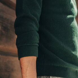 fit model wearing The Double Knit Sweater in Forest, sleeve detail