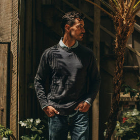 fit model wearing The Fillmore Crewneck in Coal Terry, hands in pockets