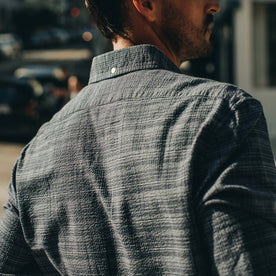 fit model wearing The Jack in Navy Slub, back
