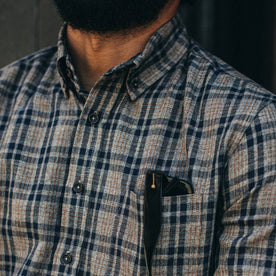 fit model wearing The Jack in Sand Plaid, chest shot
