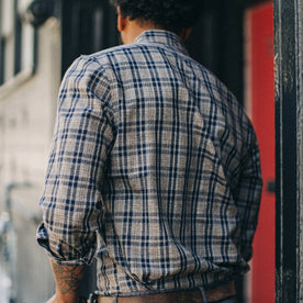 fit model wearing The Jack in Sand Plaid, back