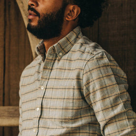 fit model wearing The Jack in Sky Plaid, chest shot