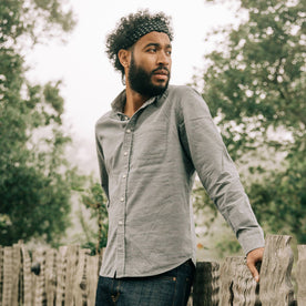 fit model wearing The Jack in Slate Cord, looking right