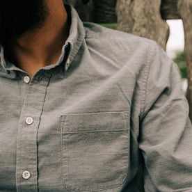 fit model wearing The Jack in Slate Cord, pocket detail