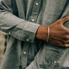 fit model wearing The Jack in Slate Cord, sleeve up close shot