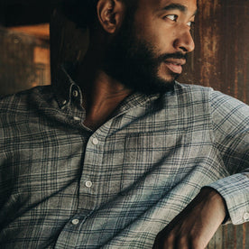 fit model wearing The Jack in Slate Plaid, looking right