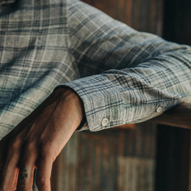 fit model wearing The Jack in Slate Plaid, sleeve up close shot