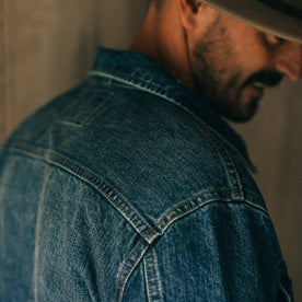 fit model wearing The Long Haul Jacket in 18 Month Wash Organic Selvage, shoulder