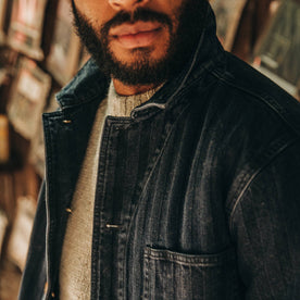 fit model wearing The Ojai Jacket in Washed Indigo Herringbone, material detail shot