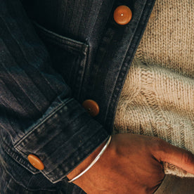 fit model wearing The Ojai Jacket in Washed Indigo Herringbone, sleeve shot, hand in pocket