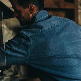fit model wearing The Shop Shirt in Indigo Boss Duck, back detail shot