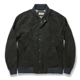 flatlay of The Bomber Jacket in Waxed Olive closed from the front