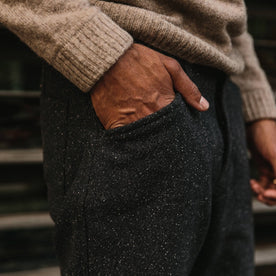 fit model wearing The Camp Pant in Navy Nep Wool, right hand in pocket up close