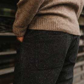 fit model wearing The Camp Pant in Navy Nep Wool, back pocket