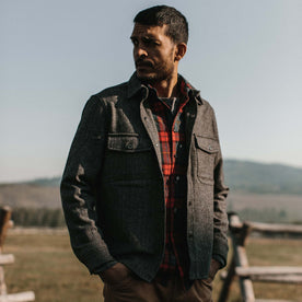fit model wearing The Explorer Shirt in Coal Herringbone Wool looking over his right shoulder in a Wyoming field