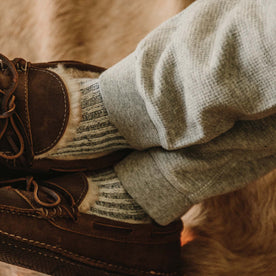 fit model wearing slippers and The Fillmore Pant in Ash Double Knit