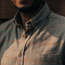 fit model wearing shirt close up from the front with collar open
