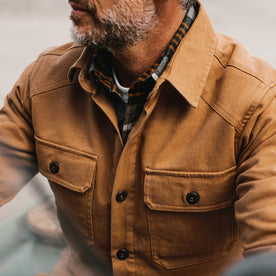 fit model wearing The Lined Shop Shirt, chest