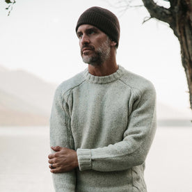 fit model wearing The Lodge, looking left