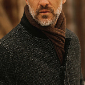 fit model wearing The Lodge, chest detail