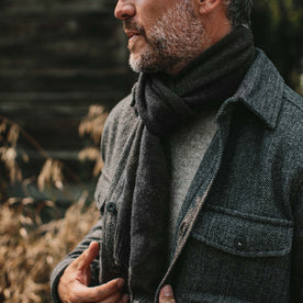 fit model wearing The Lodge, looking left