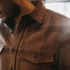 fit model wearing The Maritime Shirt in Espresso Plaid Wool showing shoulder seam