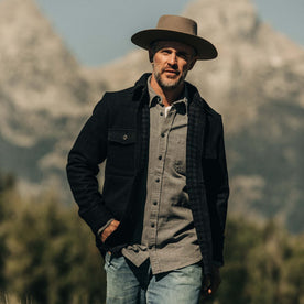 fit model wearing The Maritime Shirt in Navy Wool open from the front