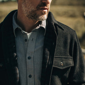 fit model wearing The Maritime Shirt in Navy Wool close up showing the collar