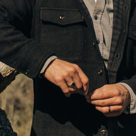 fit model wearing The Maritime Shirt in Navy Wool showing front chest pocket