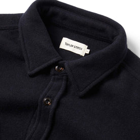 material shot of The Maritime Shirt in Navy Wool showing interior label