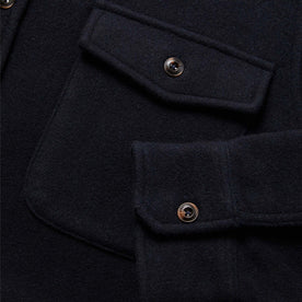material shot of The Maritime Shirt in Navy Wool showing chest pocket and sleeve cuff