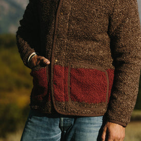 fit model wearing The Port Jacket in Espresso Marl, hand in pocket