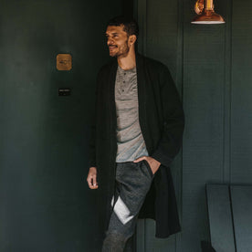 fit model wearing the robe open over our merino tee