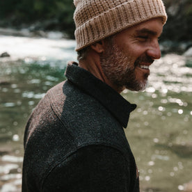 fit model wearing The Service Shirt in Moss Melange Wool, looking right