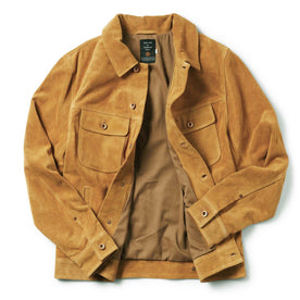 flatlay showing The Lined Long Haul Jacket in Sand Suede open from the front