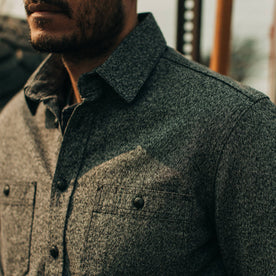 fit model showing collar of The Utility Shirt in Salt and Pepper Twill