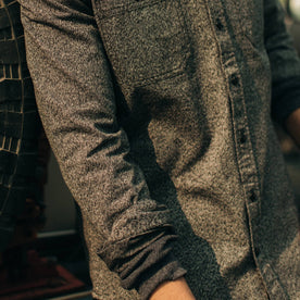 fit model showing sleeve of The Utility Shirt in Salt and Pepper Twill