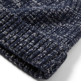 Material shot of The Waffle Beanie in Indigo Marl Merino showing texture