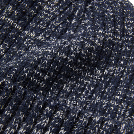 material shot of The Waffle Beanie in Indigo Marl Merino close up showing marl