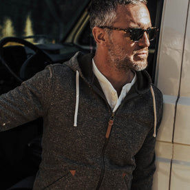 our fit model wearing The Après Hoodie in Olive Hemp Donegal