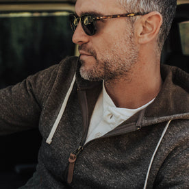 our fit model wearing The Après Hoodie in Olive Hemp Donegal