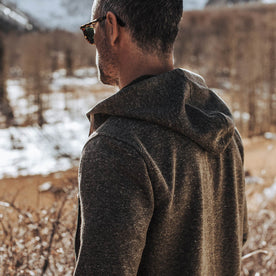 our fit model wearing The Après Hoodie in Olive Hemp Donegal