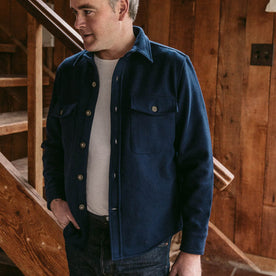 our fit model wearing The Explorer Shirt in Navy Boiled Wool