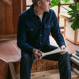 our fit model wearing The Explorer Shirt in Navy Boiled Wool