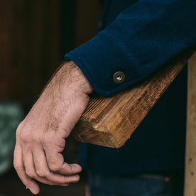 our fit model wearing The Explorer Shirt in Navy Boiled Wool